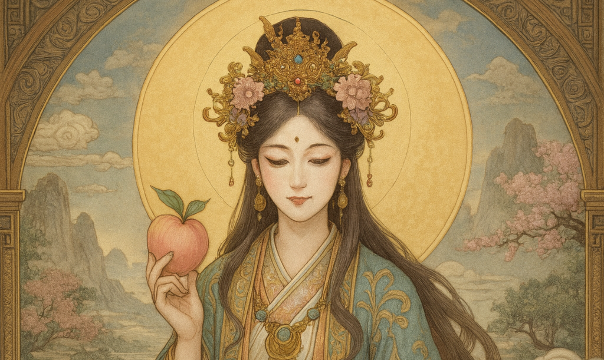 瑤池金母—桃を手にした霊的女神が雲と自然に包まれて座す姿